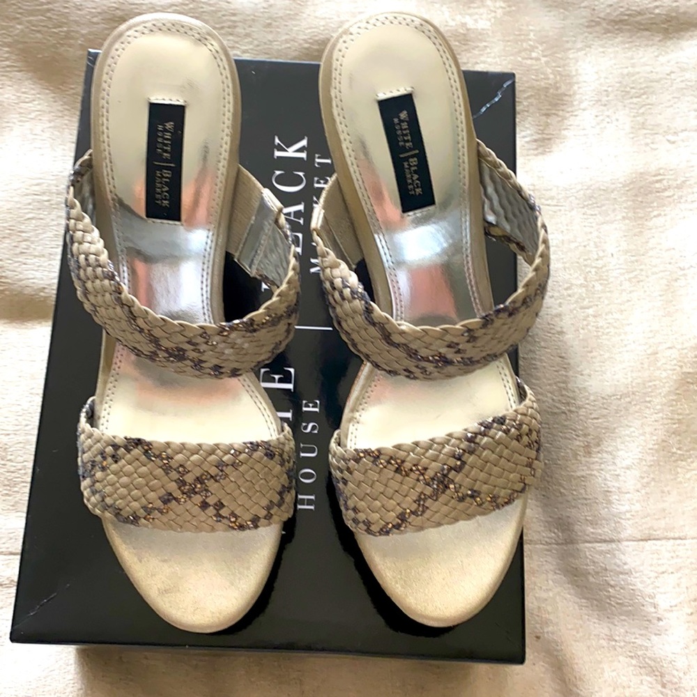 WHBM champagne & silver wedges.